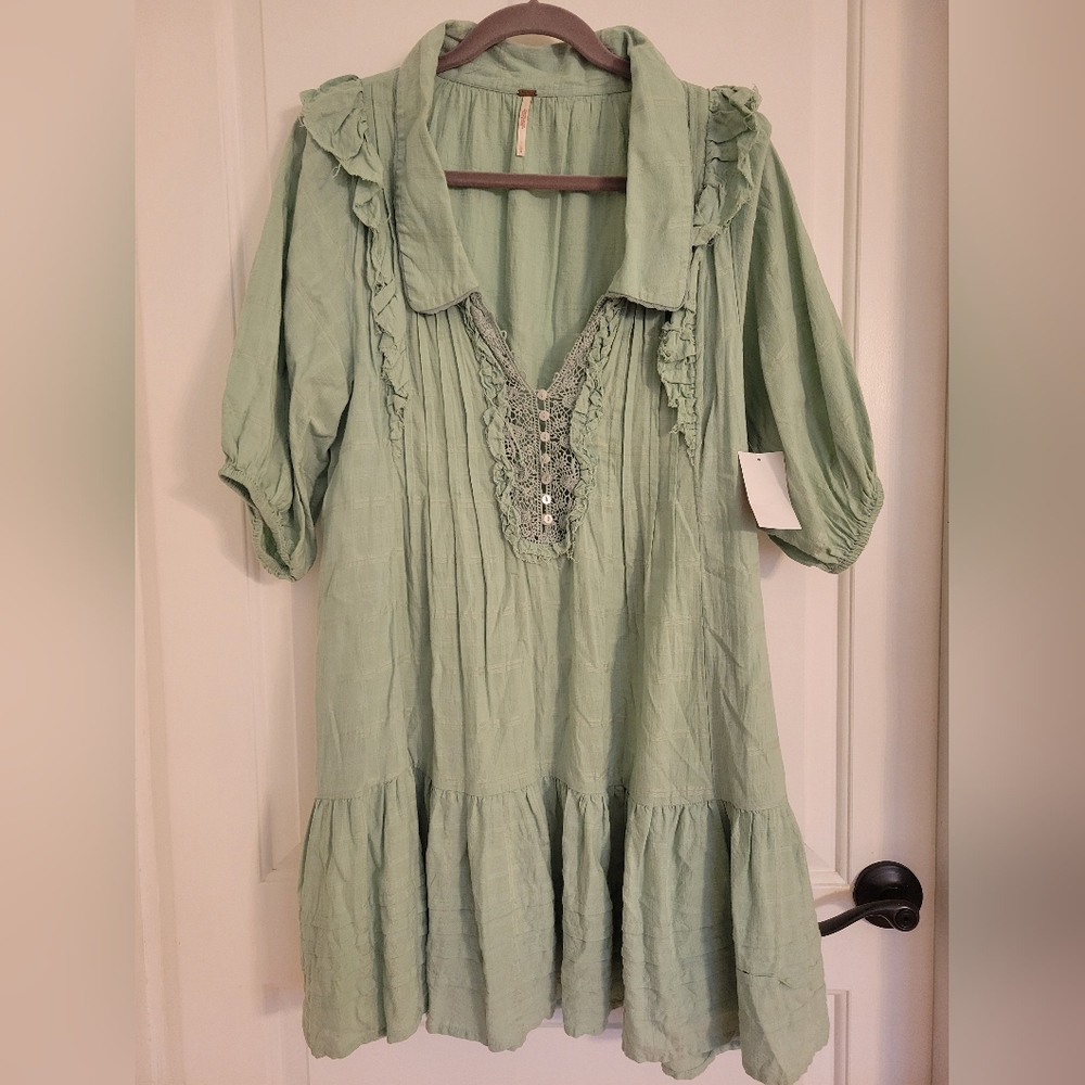 Free People Elora Pleated Ruffle Mini Dress L Windownpane Mermaid Tail Green$148 - Picture 2 of 11